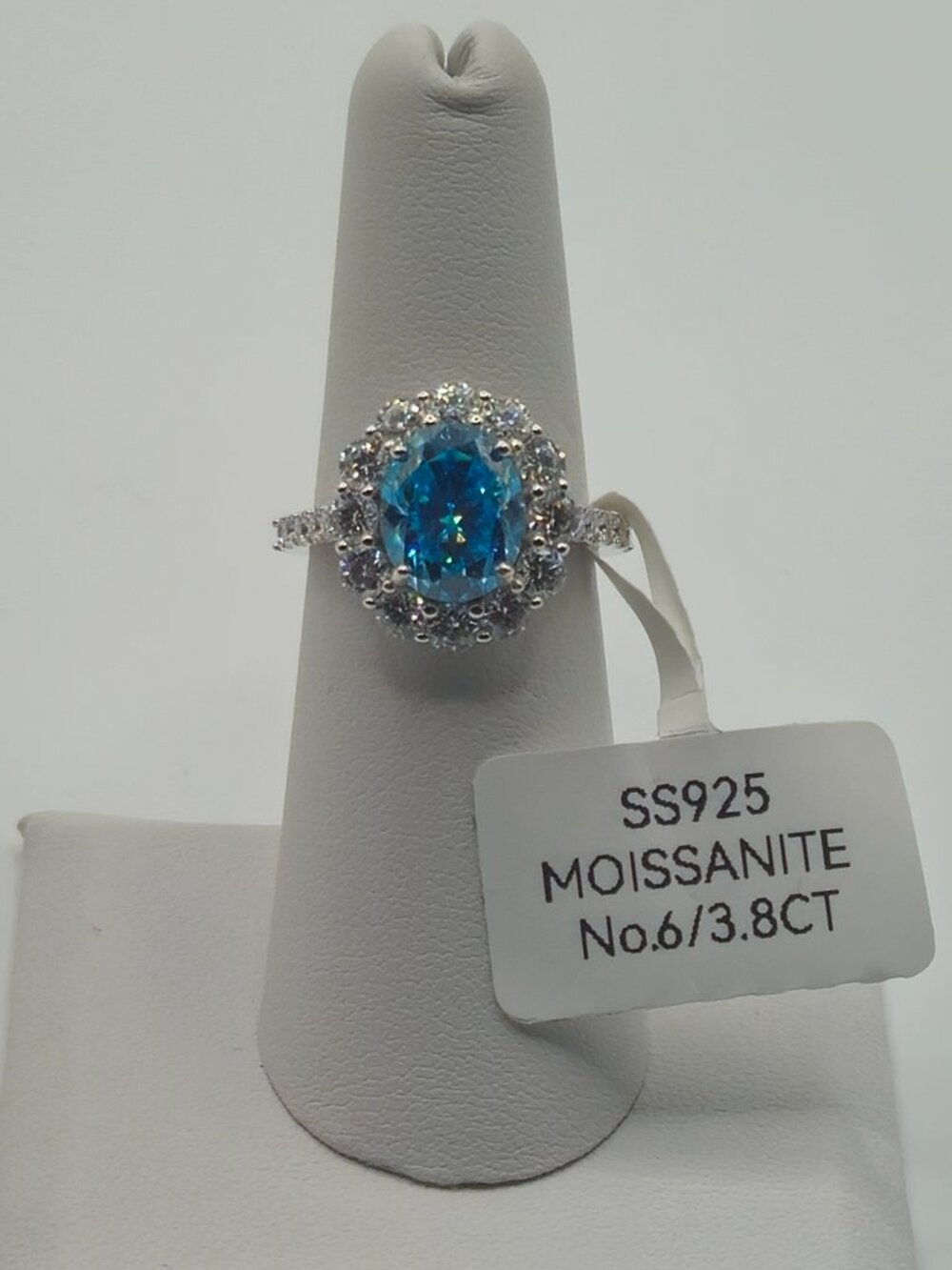 3.8ctw Vivid Blue Moissanite Oval Halo Ring S925 Sz 6